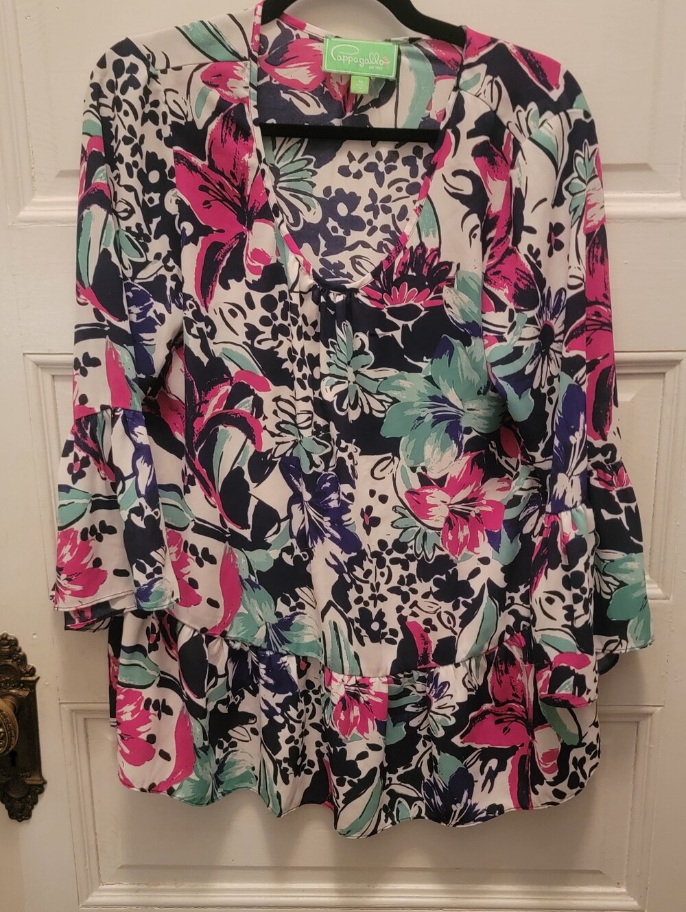 Pappagallo Pink, Teal & Navy Floral Ruffle-Sleeve Tunic
